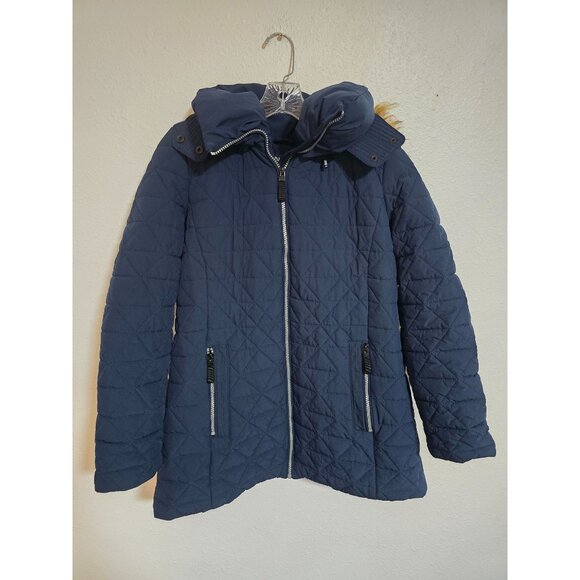 Andrew Marc New York Womens Quilted Coat With Faux Down Hood Navy Size Large - Picture 1 of 9
